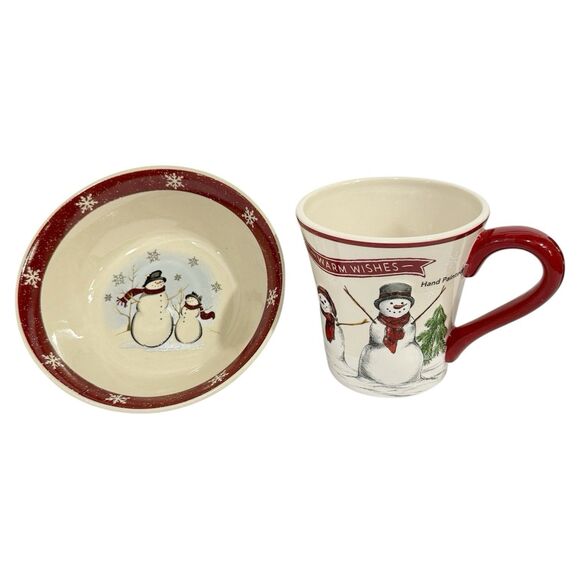 Royal Seasons Snowman Mug & Bowl Set St Nicholas Square Yuletide Stoneware - Picture 1 of 16